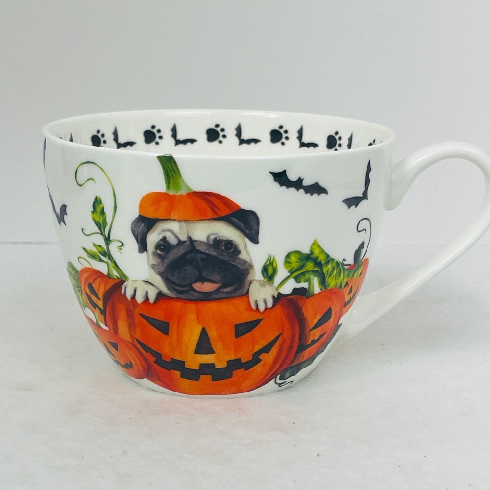 Portobello By Design Pumpkin Pug Halloween Bone China Oversized Coffee Mug Cup